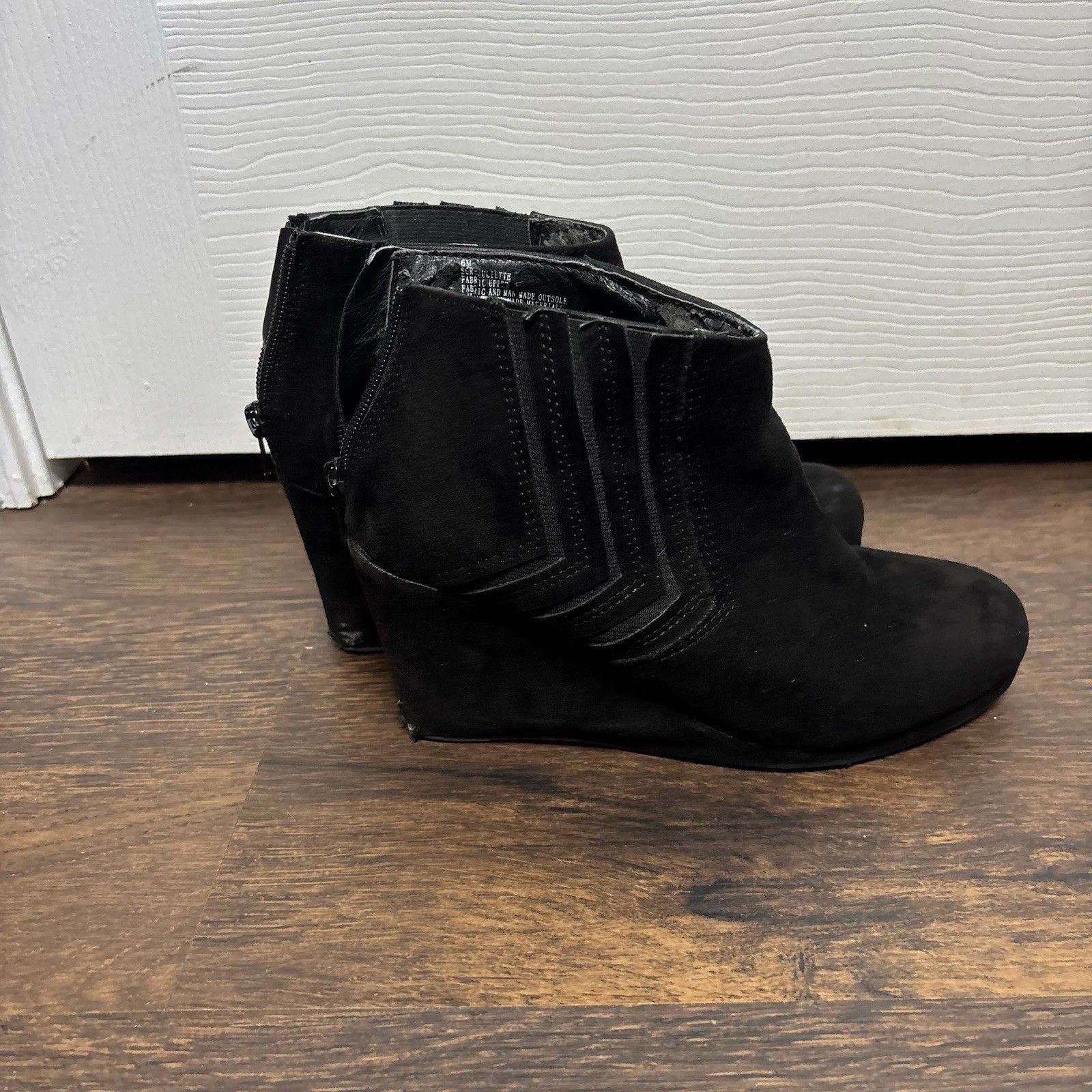 Black Wedge Ankle Boots Womens 6.5 Side Zip Fringe Detail Booties
